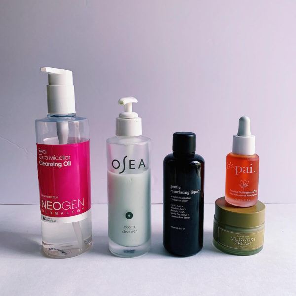 Photo of a skincare routine order including cleansers, exfoliator, facial oil, and moisturizer