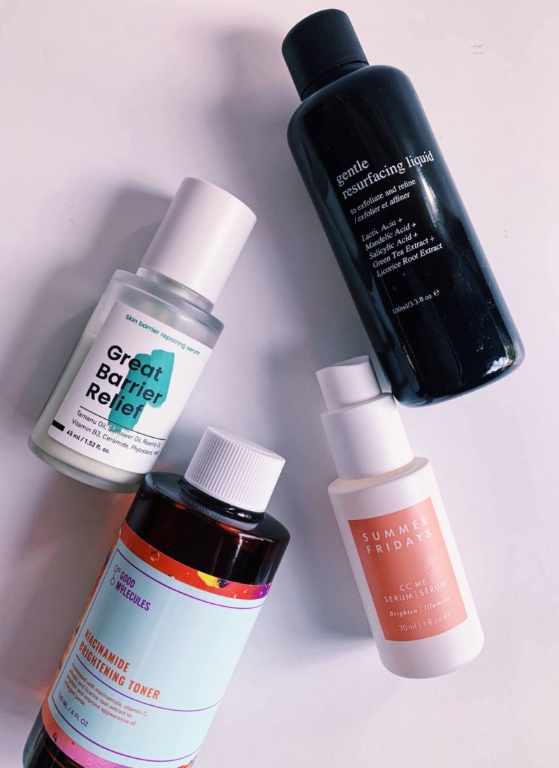 Photo of the Krave Beauty Great Barrier Relief, Good Molecules Niacinamide Brightening Toner, Deviant Skincare Gentle Resurfacing Liquid, and Summer Fridays CC Me Serum