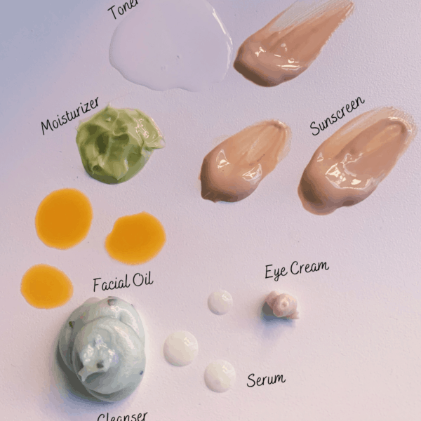 Texture shot of a facial cleanser, toner, serum, eye cream, moisturizer, oil, and sunscreen. Shows how much product to use.