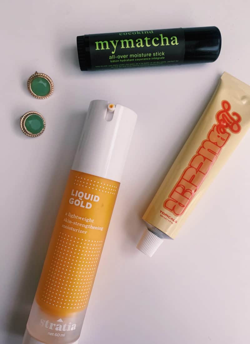 Photo of three products that can help strengthen the skin barrier: Stratia Liquid Gold, Cocokind MyMatcha tick, Topicals Like Butter