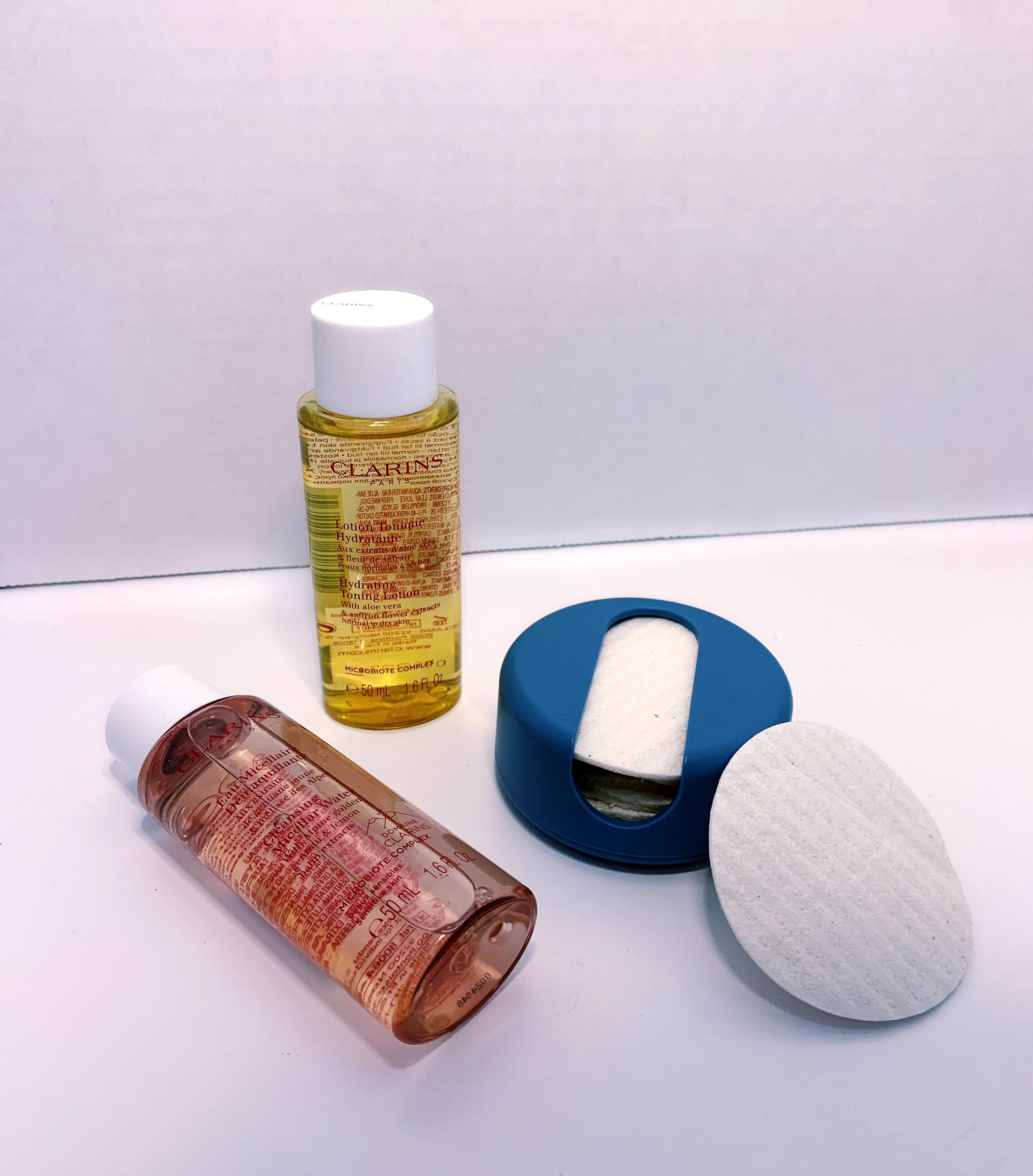 Photo of a sustainable skincare swap: LastObject Last Round reusable cotton rounds, Clarins Toner and Micellar Water