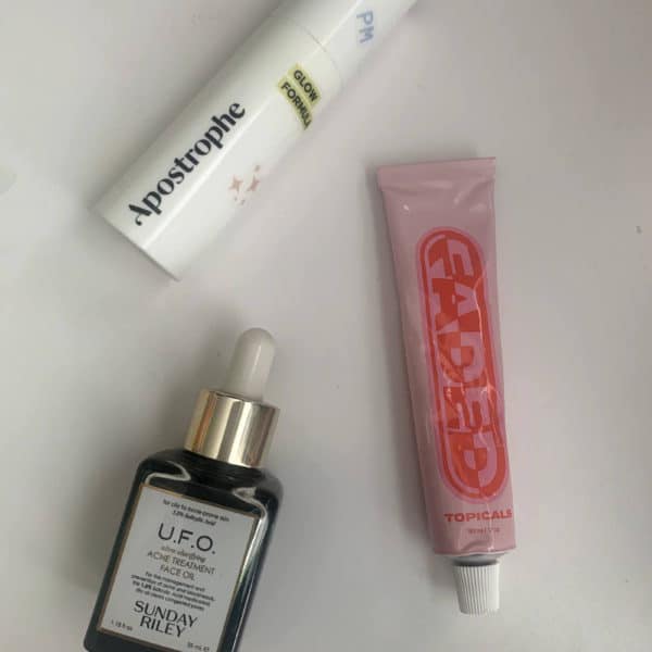 Photo of Apostrophe Prescription Acne Treatment Tretinoin, Topicals Faded, and Sunday Riley UFO. All of these products have popular acne-fighting ingredients in them.