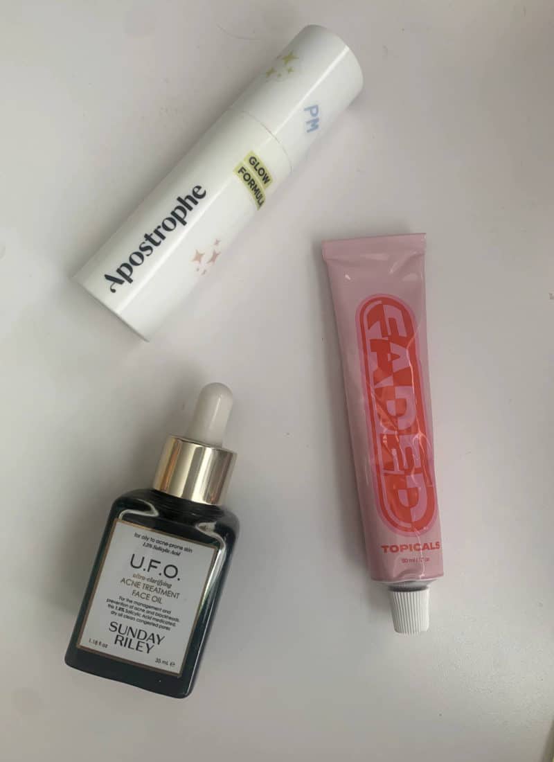 Photo of Apostrophe Prescription Acne Treatment Tretinoin, Topicals Faded, and Sunday Riley UFO. All of these products have popular acne-fighting ingredients in them.