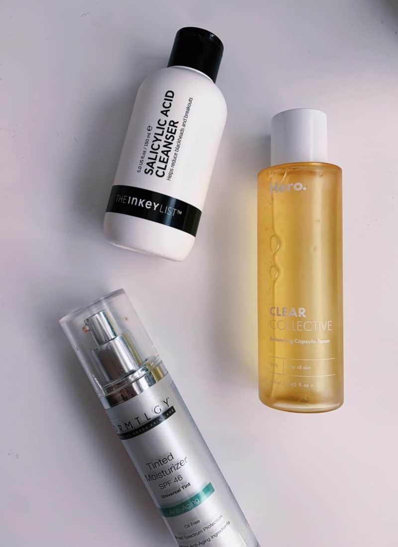 Photo of three skincare products you can use to help with oily skin.