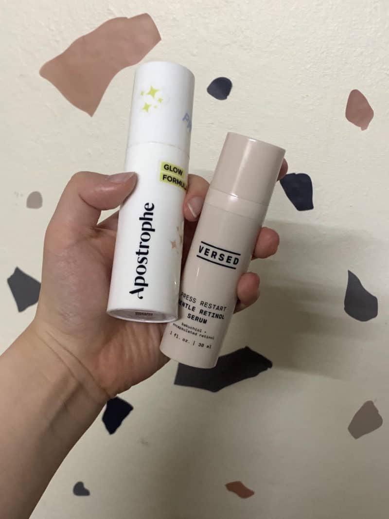 Photo of retinol vs retinoid. Featuring Apostrophe Tretinoin and Versed Press Restart Gentle Retinol Serum