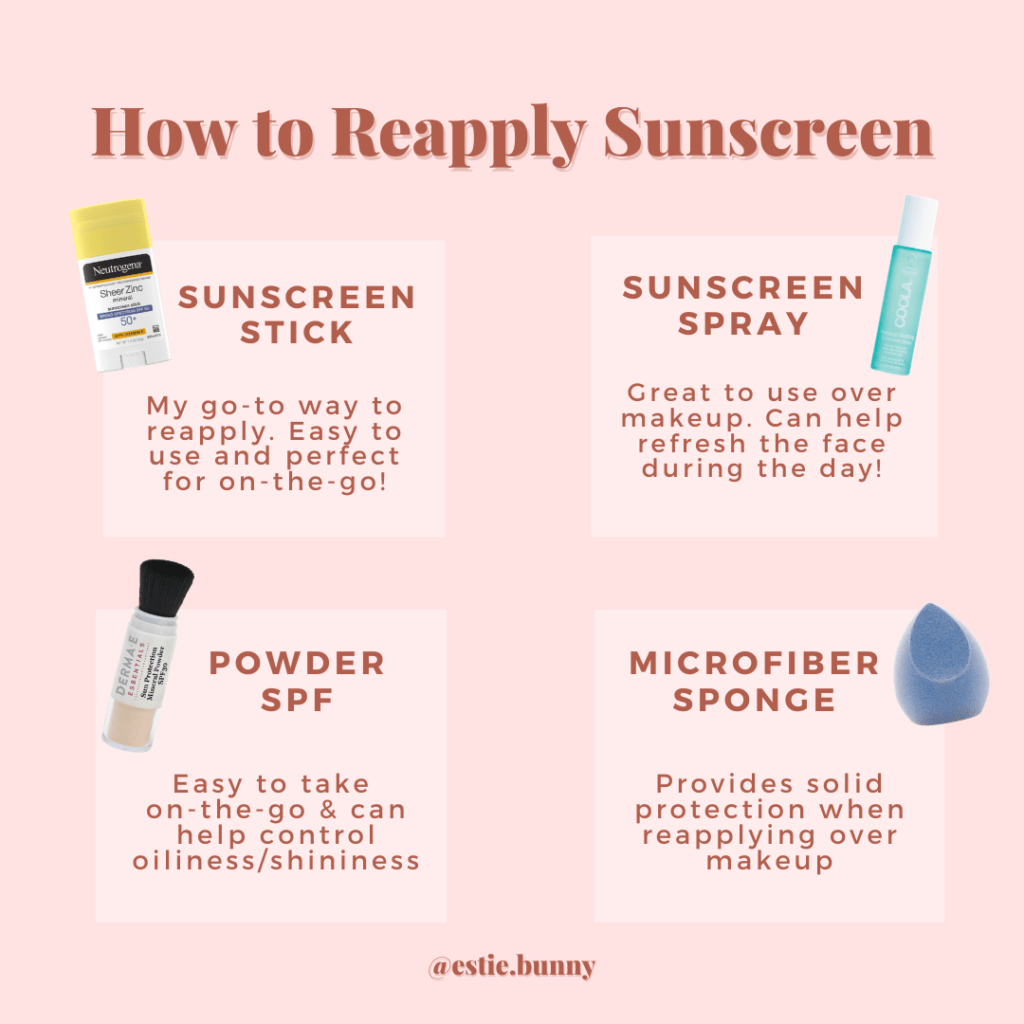 Infographic on how to reapply sunscreen - sunscreen stick, sunscreen spray, powder sunscreen SPF, microfiber sponge
